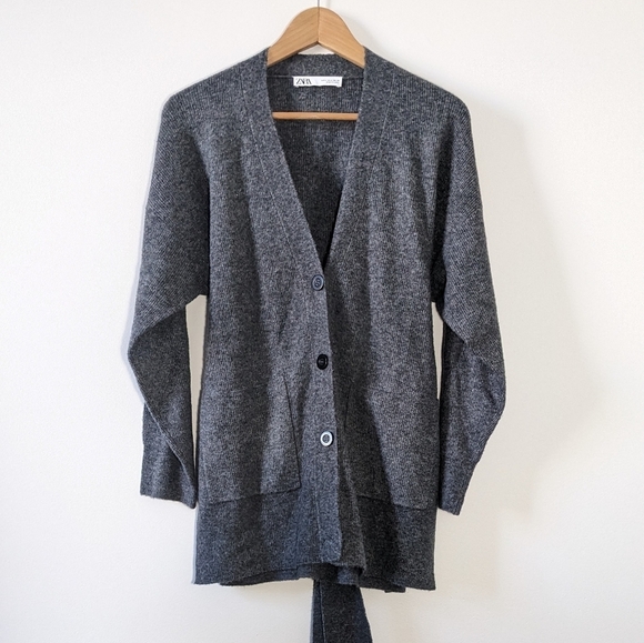 Zara Alpaca Blend Gray Cardigan Knit Sweater Belt Tie Slit Soft Cozy Size S - Picture 6 of 16